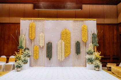 Backdrop and Floral detail — Haldi decor — ITC Grand Goa